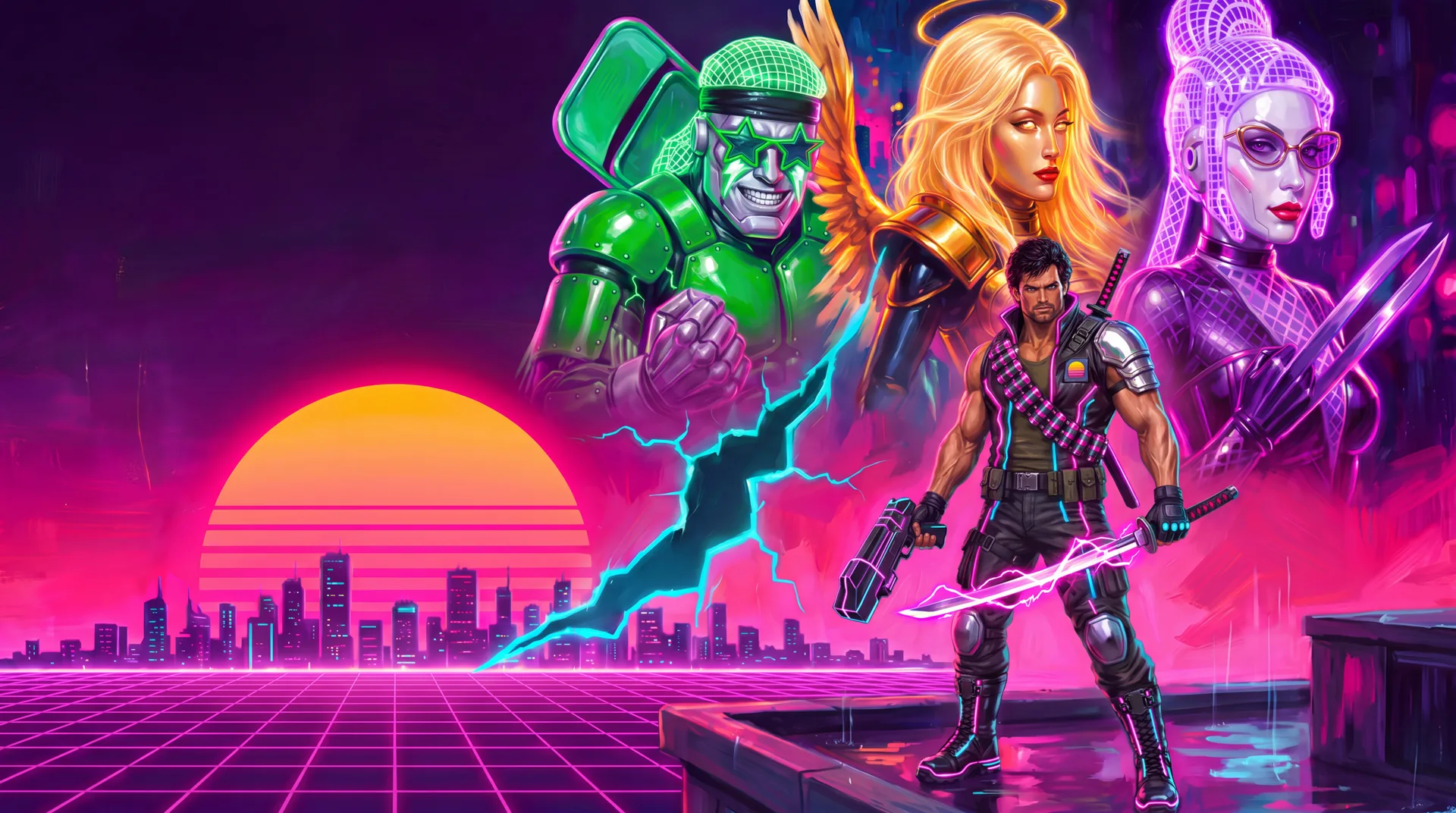 THE SLICER on a neon rooftop, katana and pistol drawn, with Mega-Gruxx, Sister Hallelujah and Velvet Razor looming behind him
